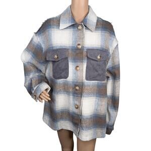 NWT Altar'd State Blue White Gray Plaid Flannel Button Down Shacket Jacket SZ M